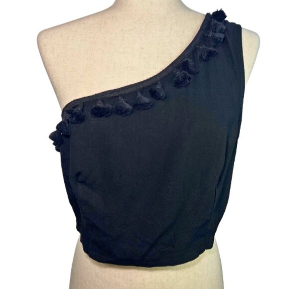 LULUS Black Tassel One-Shoulder Crop Top Size L - Picture 2 of 8